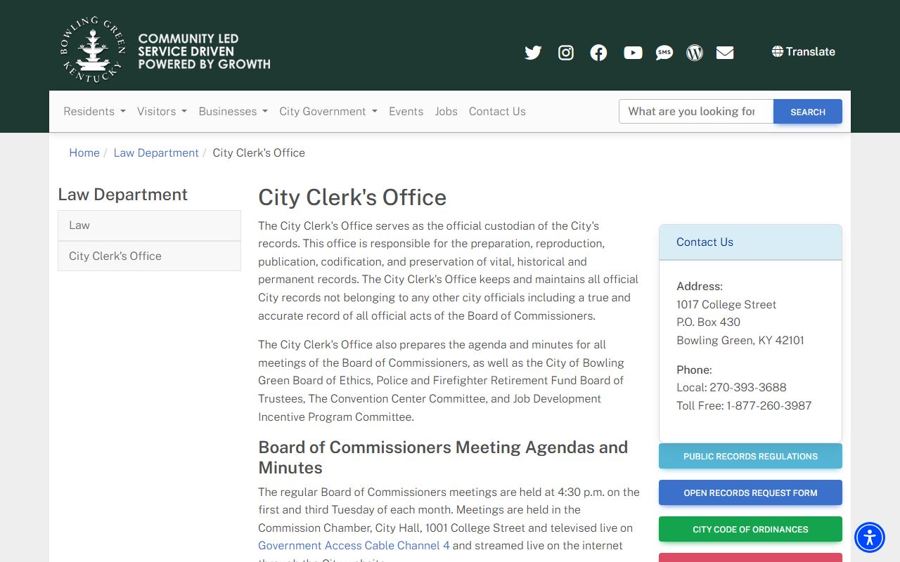 Bowling Green City Clerk office for administrative records