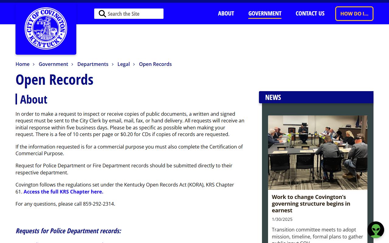 Covington Open Records portal for requesting public documents