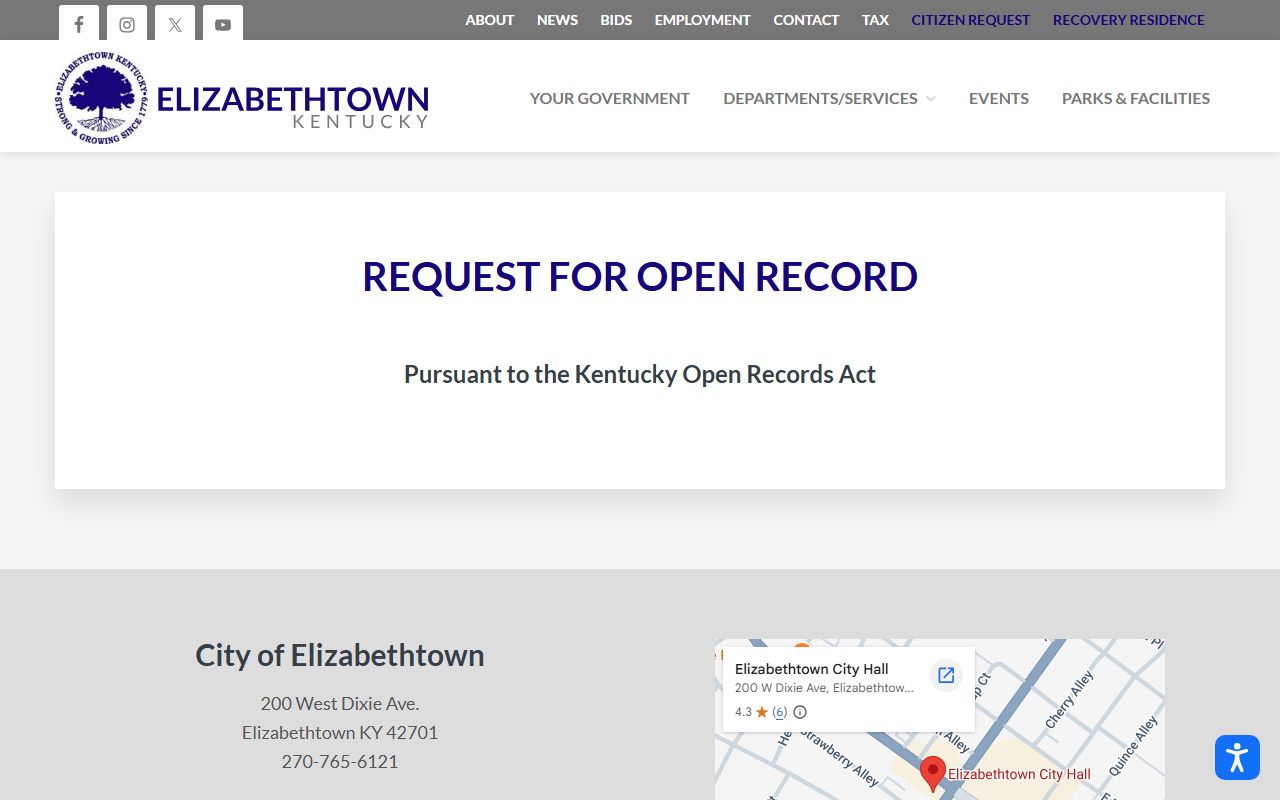 Elizabethtown Open Records request process and contact information