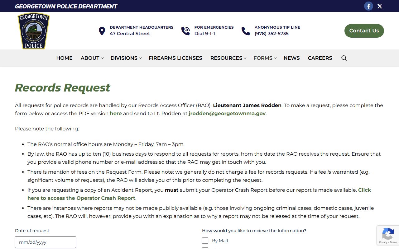 Georgetown Police Department records request system