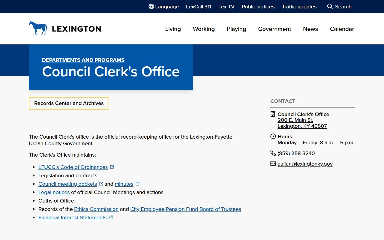 Lexington Council Clerk office for city records access