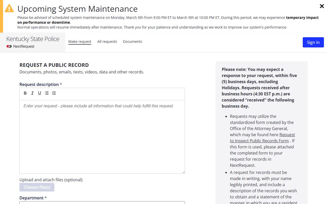 Kentucky State Police online records portal for DUI records